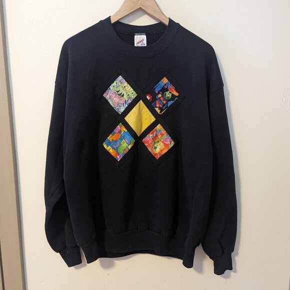Vintage Cat Patchwork Quilted Sweatshirt Dopamine Dressing Jerzees XL 90's - Picture 2 of 10